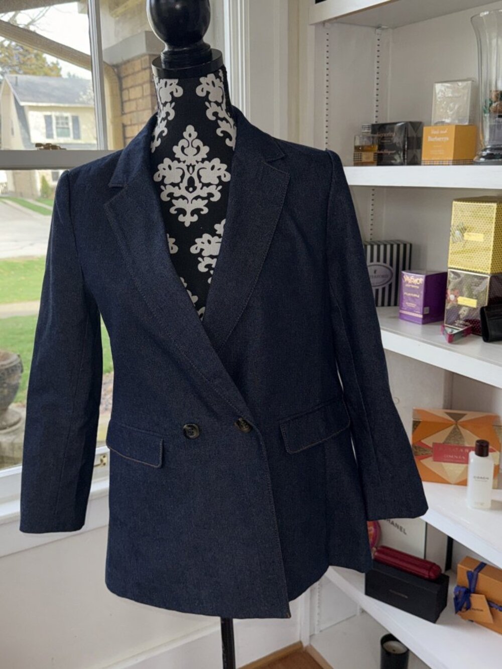 Ann Taylor Loft Navy Blue Heavy Chambray Denim, Double Breasted Blazer Jacket 2 - Picture 2 of 16